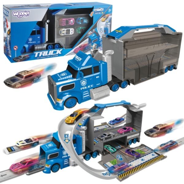 Policijos sunkvežimis – transporteris ir lenktynių trasa su automobiliais