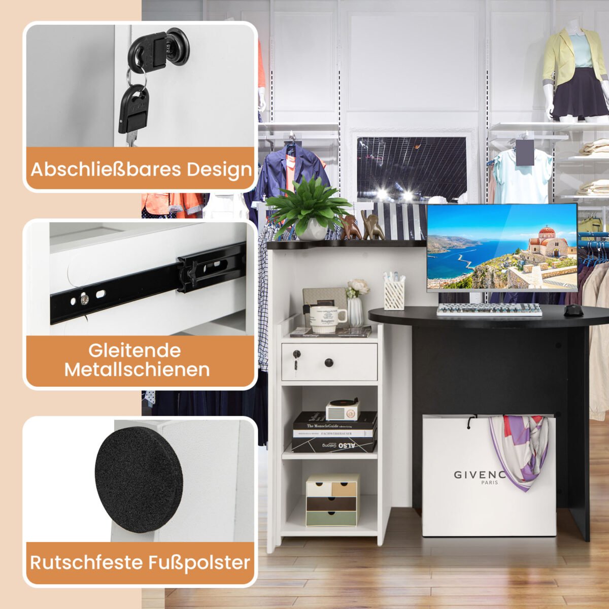 Priėmimo stalas su rakinamu stalčiumi ir reguliuojama lentyna (Juoda ir balta)