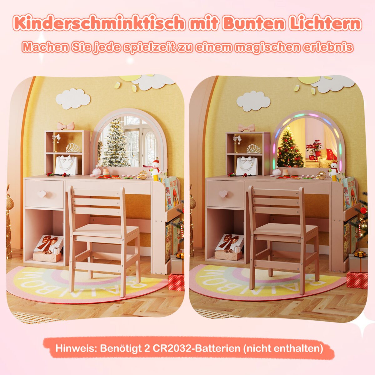 Mergaitės makiažo staliukas su apšviestu veidrodžiu ir kėde (Rožinė) – Paveikslėlis 4