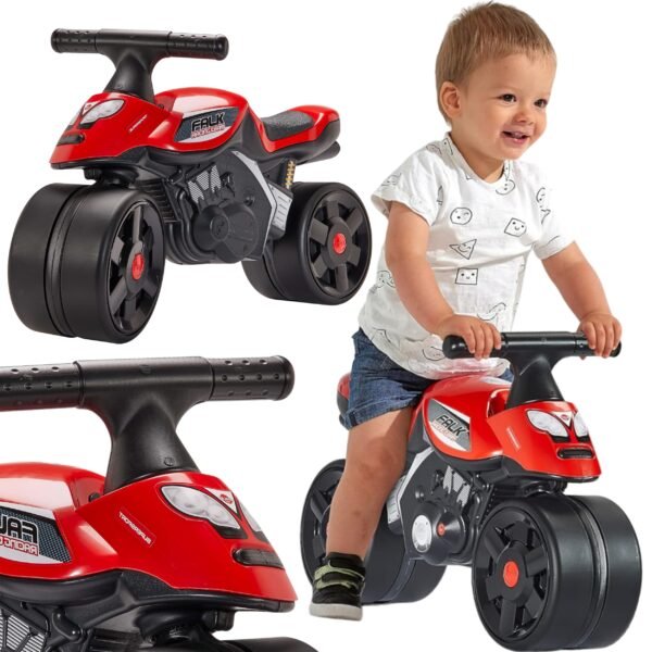 Raudonas lenktyninis paspiriamas motociklas plačiais ratais