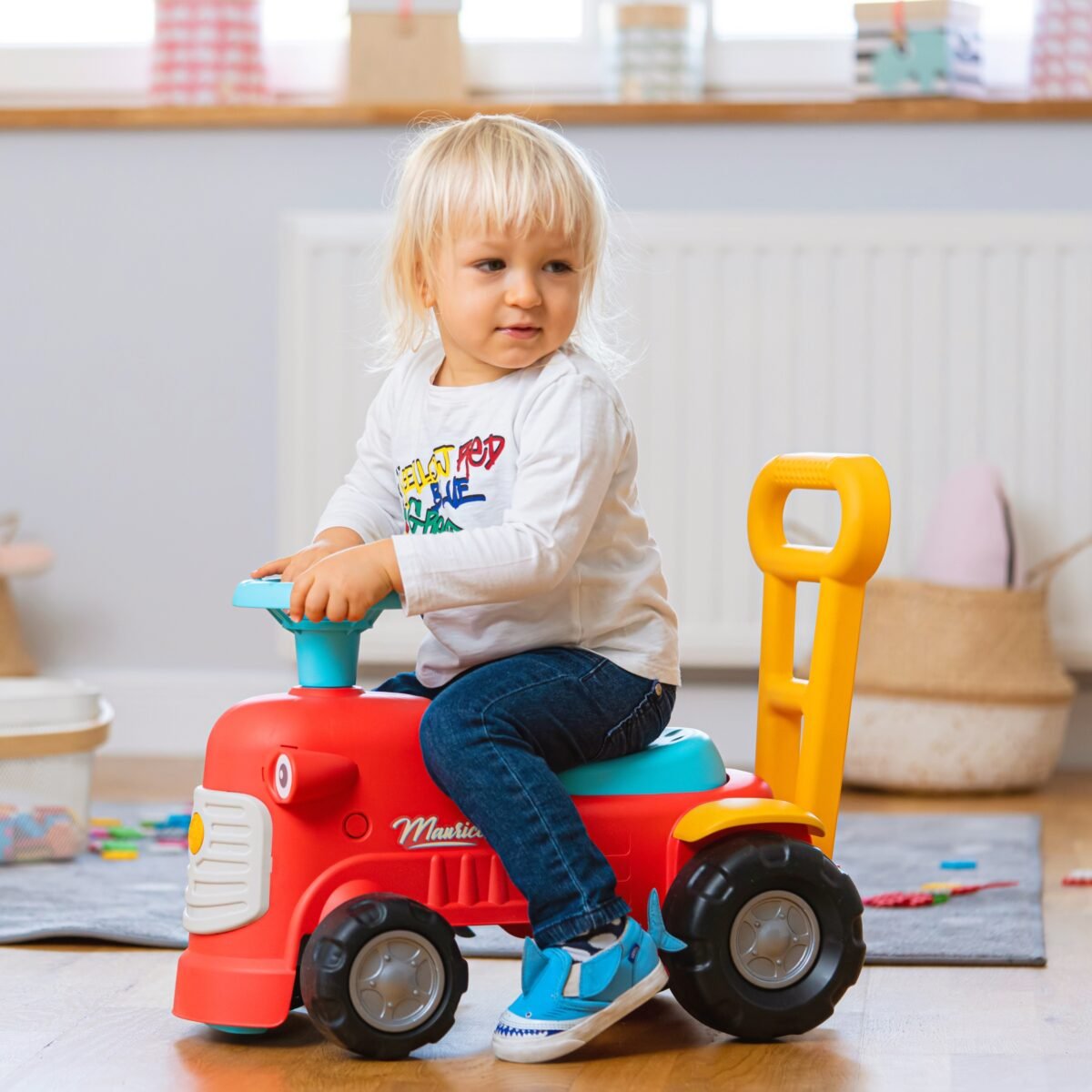Raudonas paspiriamas traktoriukas-stumdukas su daiktadėže vaikams nuo 1 metų – Paveikslėlis 7