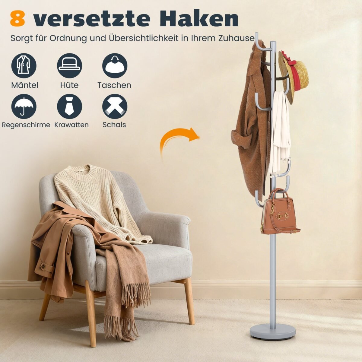 Reguliuojamo aukščio kaktuso formos drabužių kabykla su 8 kabliais (Sidabrinė) – Paveikslėlis 3