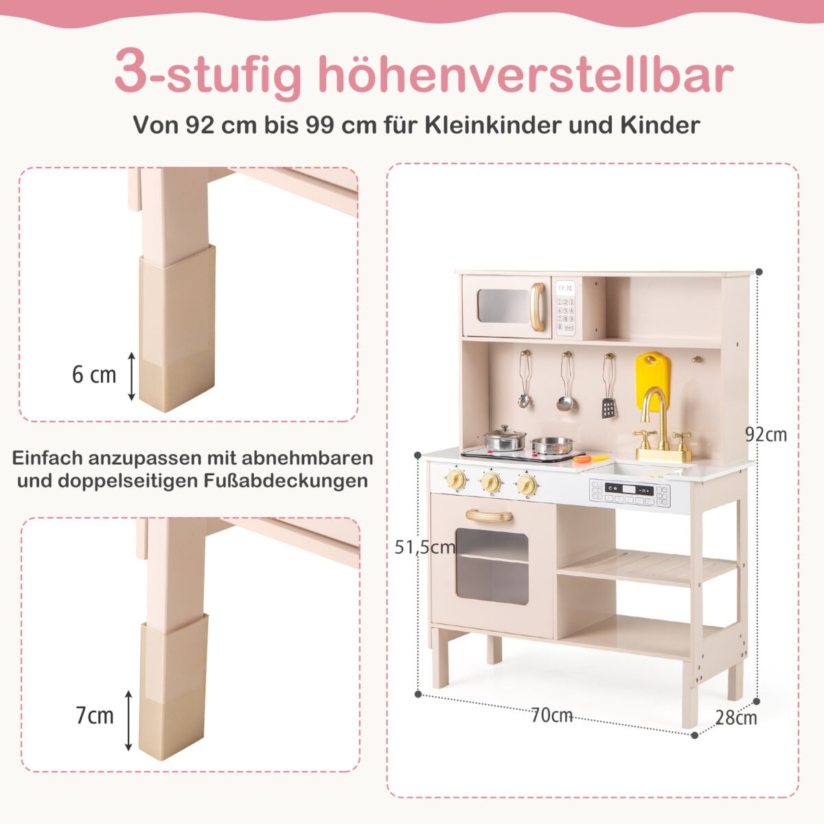 Reguliuojamo aukščio medinė žaislinė virtuvėlė su šviesomis ir garsais (Geltona) – Paveikslėlis 2