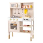 Reguliuojamo aukščio medinė žaislinė virtuvėlė su šviesomis ir garsais (Geltona)