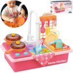 Rožinė kriauklė-viryklė su vandeniu ir priedais