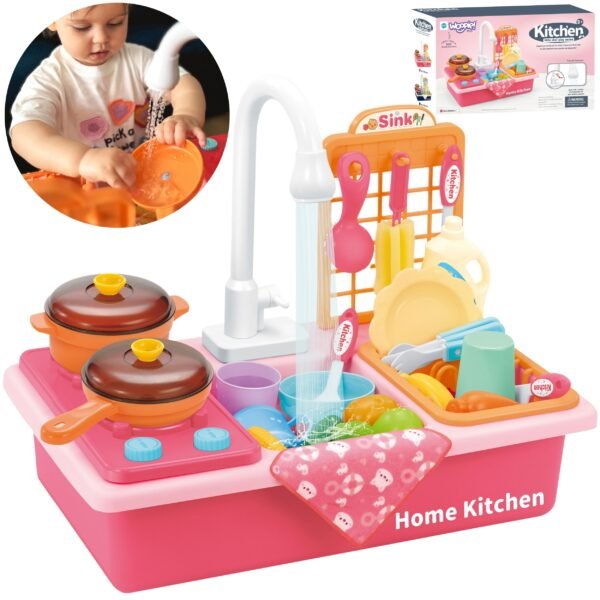 Rožinė kriauklė-viryklė su vandeniu ir priedais