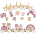 Rožinis medinis traukinukas su vagonėliais ir kaladėlėmis