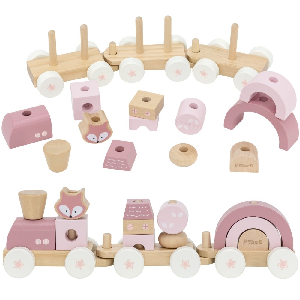 Rožinis medinis traukinukas su vagonėliais ir kaladėlėmis Rožinis medinis traukinukas su vagonėliais ir kaladėlėmis