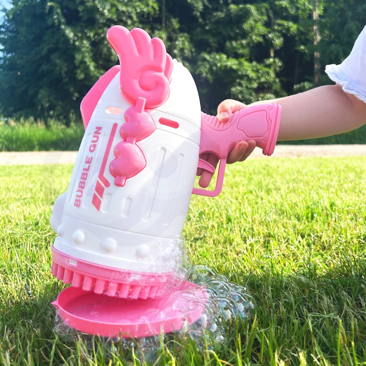 Rožinis muilo burbulų pistoletas su 91 anga, LED ir skysčiu – Paveikslėlis 7