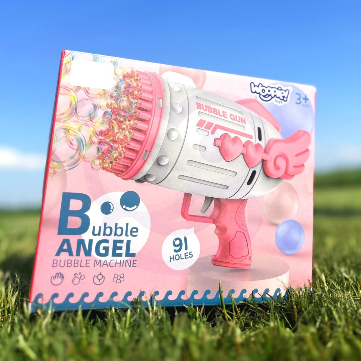 Rožinis muilo burbulų pistoletas su 91 anga, LED ir skysčiu – Paveikslėlis 9