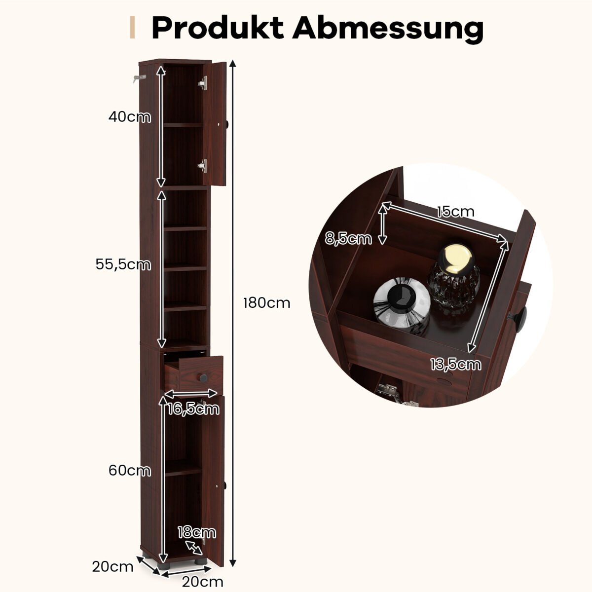 Siaura vonios spintelė su 2 durelėmis stalčiumi ir reguliuojamomis lentynomis (Ruda) – Paveikslėlis 2