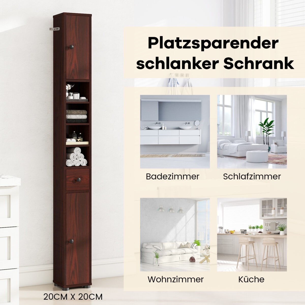 Siaura vonios spintelė su 2 durelėmis stalčiumi ir reguliuojamomis lentynomis (Ruda) – Paveikslėlis 3