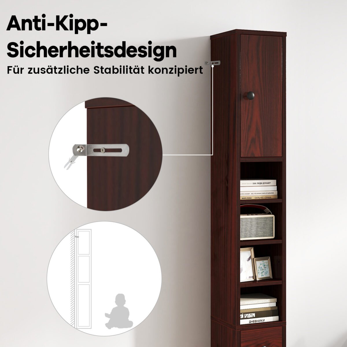 Siaura vonios spintelė su 2 durelėmis stalčiumi ir reguliuojamomis lentynomis (Ruda) – Paveikslėlis 5