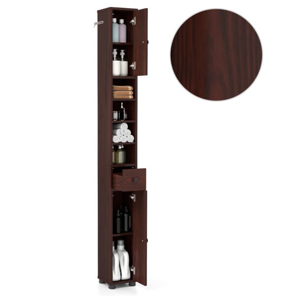 Siaura vonios spintelė su 2 durelėmis stalčiumi ir reguliuojamomis lentynomis (Ruda)