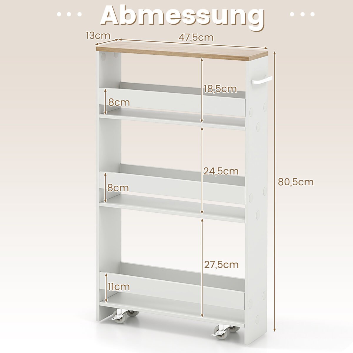 Siauras mobilus vežimėlis su 4 lentynomis (Natūrali + Balta) – Paveikslėlis 2