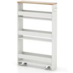 Siauras mobilus vežimėlis su 4 lentynomis (Natūrali + Balta)