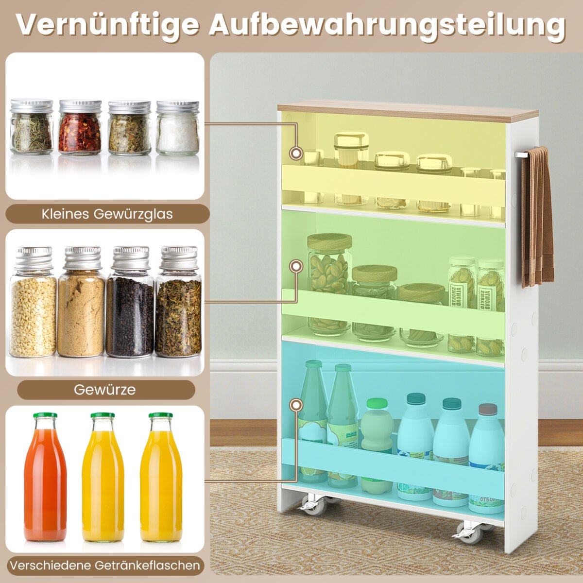 Siauras mobilus vežimėlis su 4 lentynomis (Natūrali + Balta) – Paveikslėlis 3