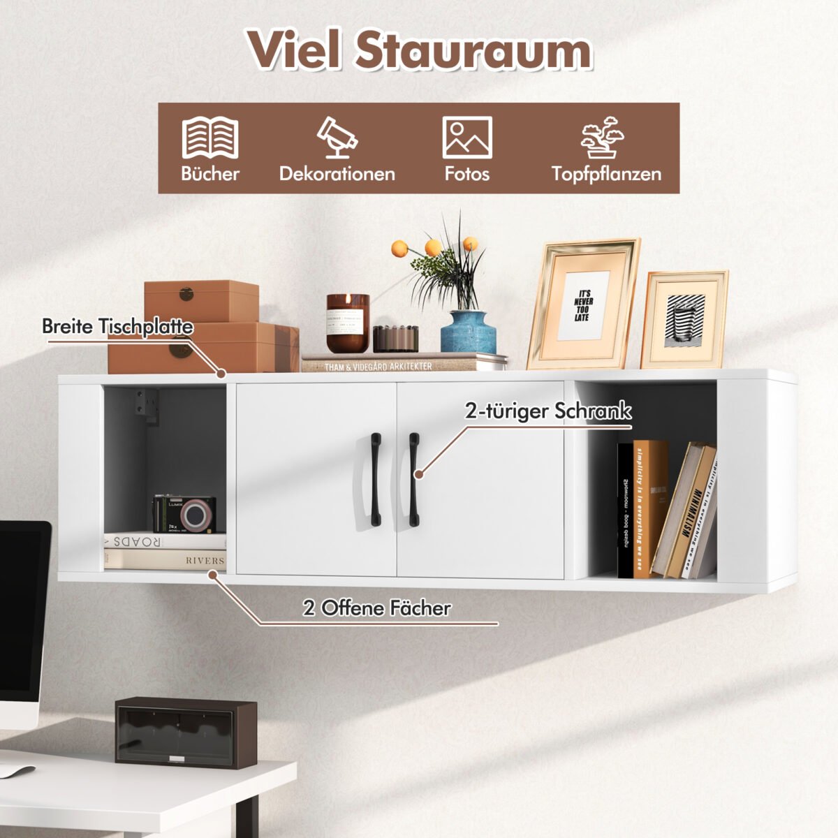 Sieninė pakabinama spintelė su 2 durelėmis ir 2 atvirais skyriais (Balta) – Paveikslėlis 3