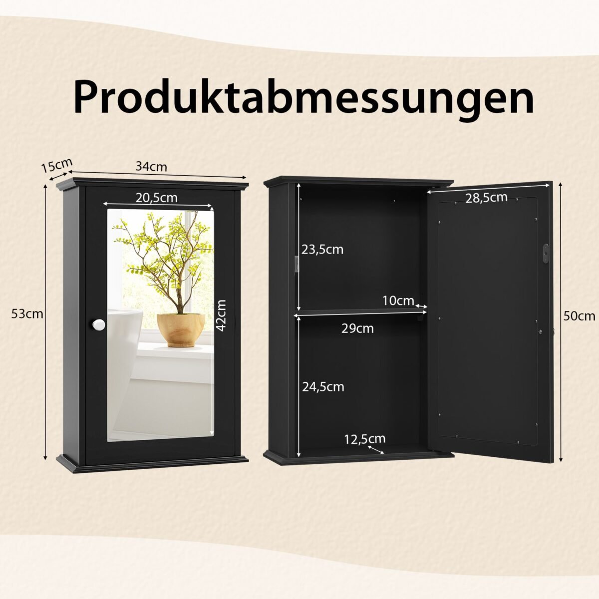 Sieninė vonios spintelė su veidrodžiu ir reguliuojama lentyna (Juoda) – Paveikslėlis 2