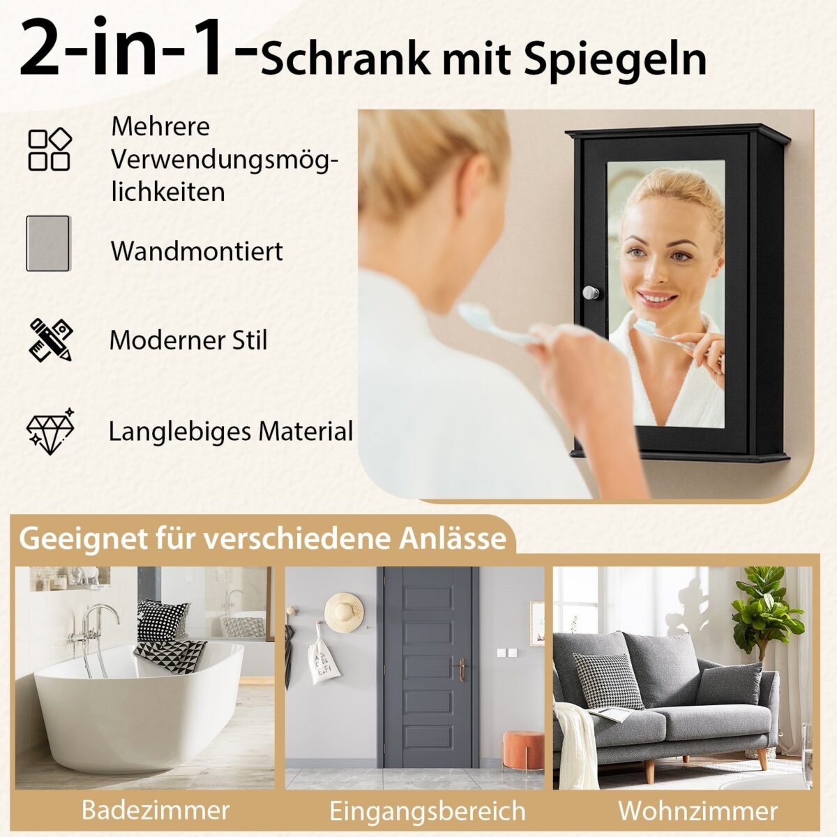 Sieninė vonios spintelė su veidrodžiu ir reguliuojama lentyna (Juoda) – Paveikslėlis 3