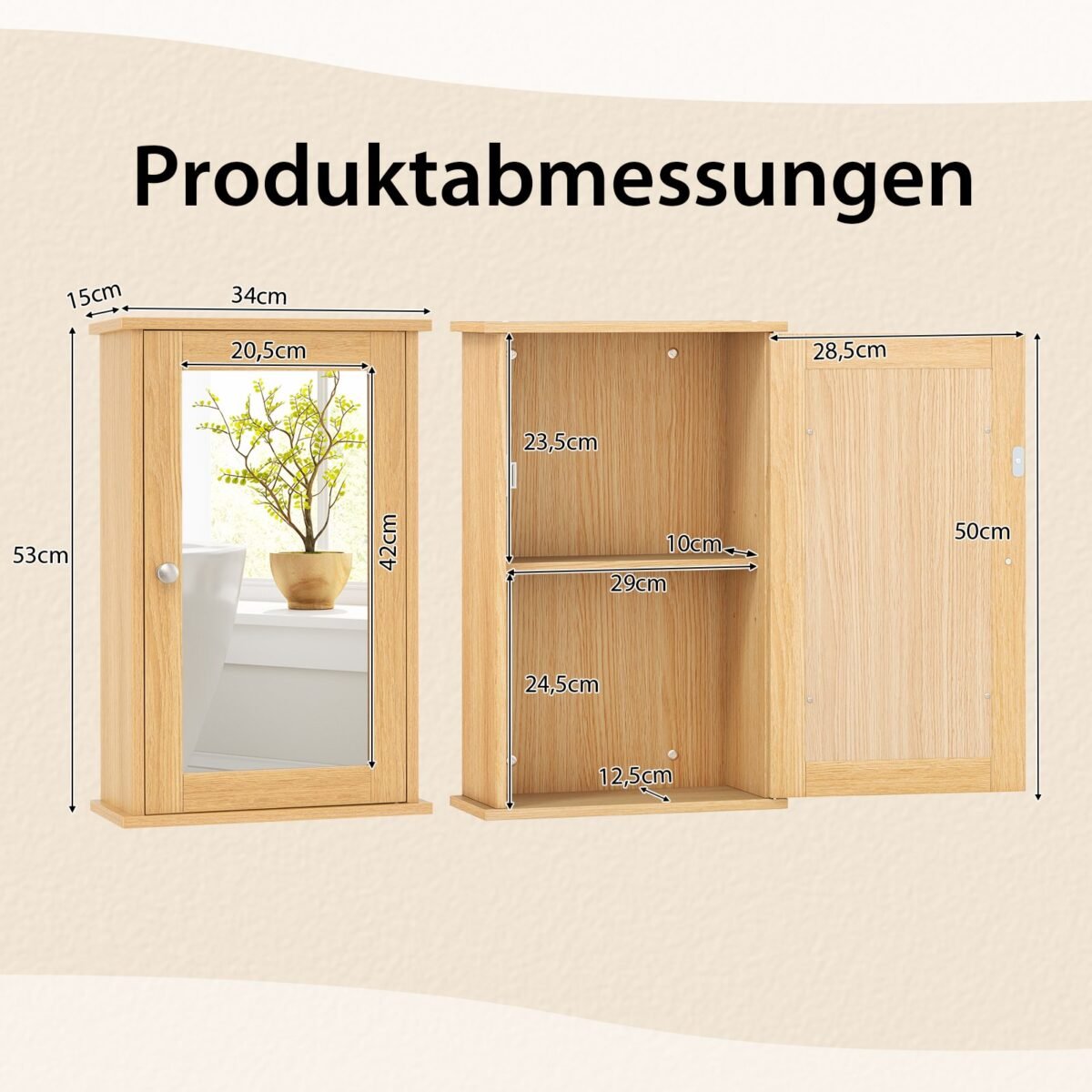 Sieninė vonios spintelė su veidrodžiu ir reguliuojama lentyna (Natūrali) – Paveikslėlis 2