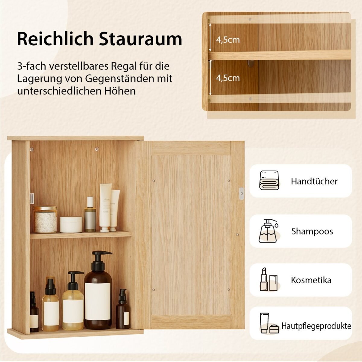 Sieninė vonios spintelė su veidrodžiu ir reguliuojama lentyna (Natūrali) – Paveikslėlis 3