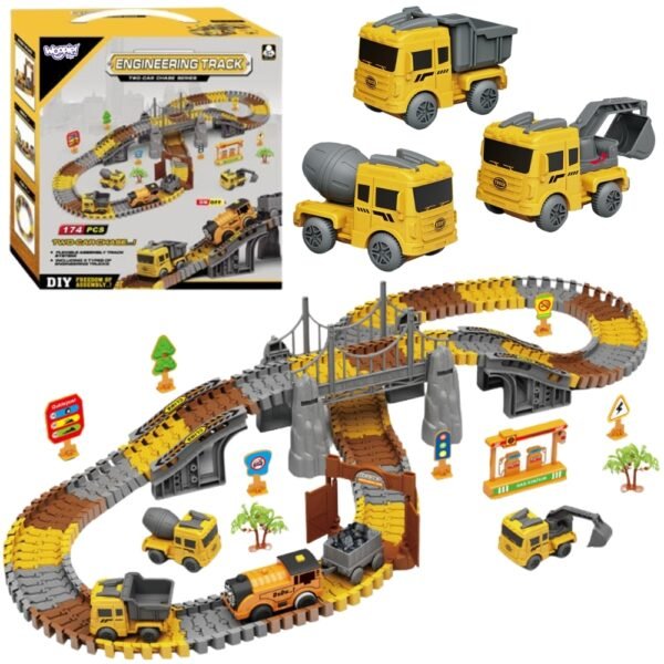 Statybų trasos konstravimo rinkinys su elektriniu traukinuku ir 174 detalėmis