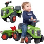 Stumiamasis traktoriukas Baby Claas žalias su priekaba ir priedais
