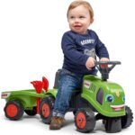 Stumiamasis traktoriukas Baby Claas žalias su priekaba ir priedais