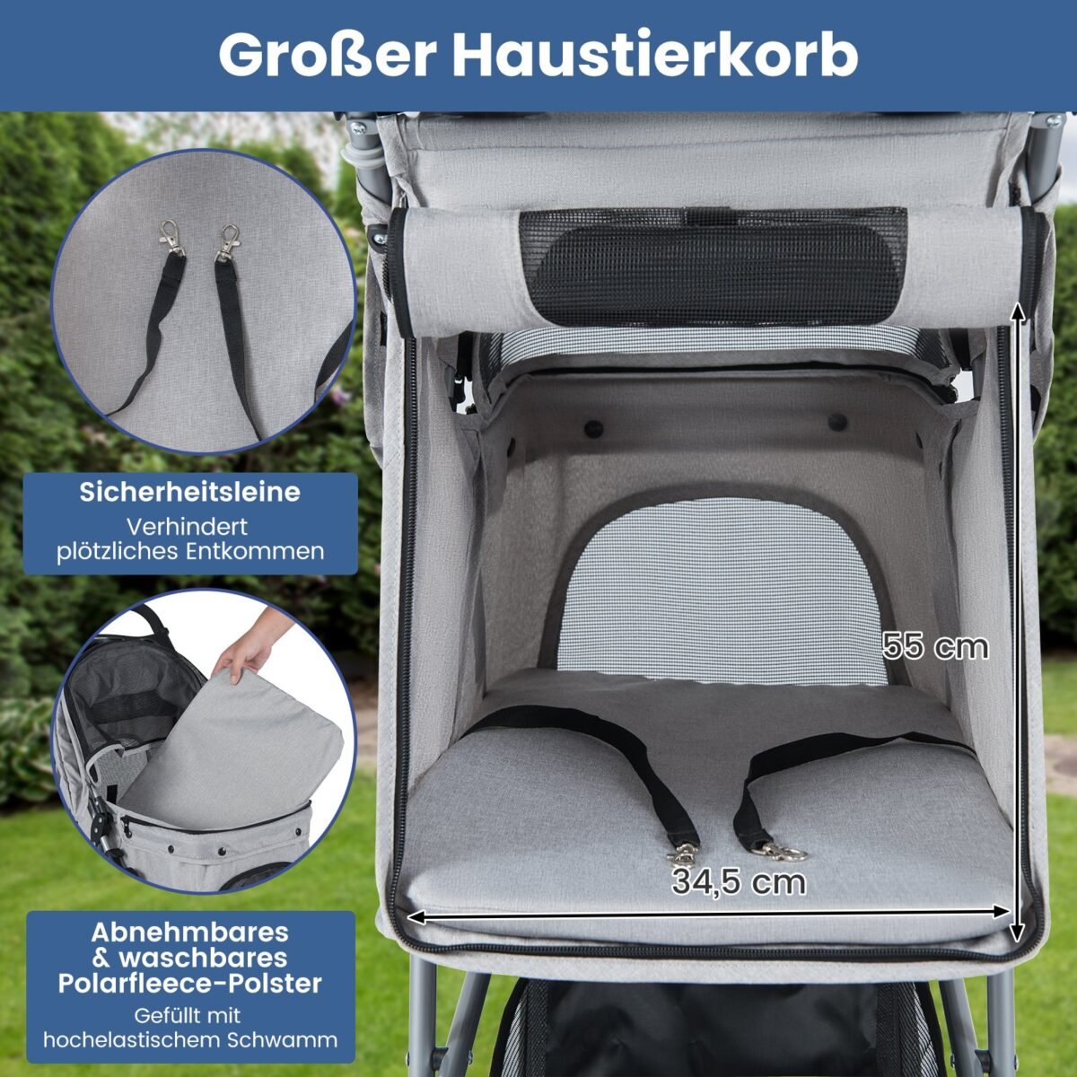 Sulankstomas gyvūnų vežimėlis su reguliuojamu stogeliu (Pilka) – Paveikslėlis 3