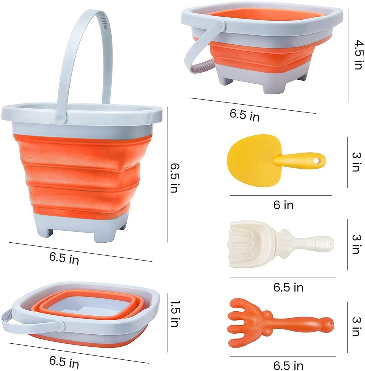 Sulankstomas silikoninis kibirėlis su grėbliuku ir kastuvėliu, oranžinis – Paveikslėlis 6