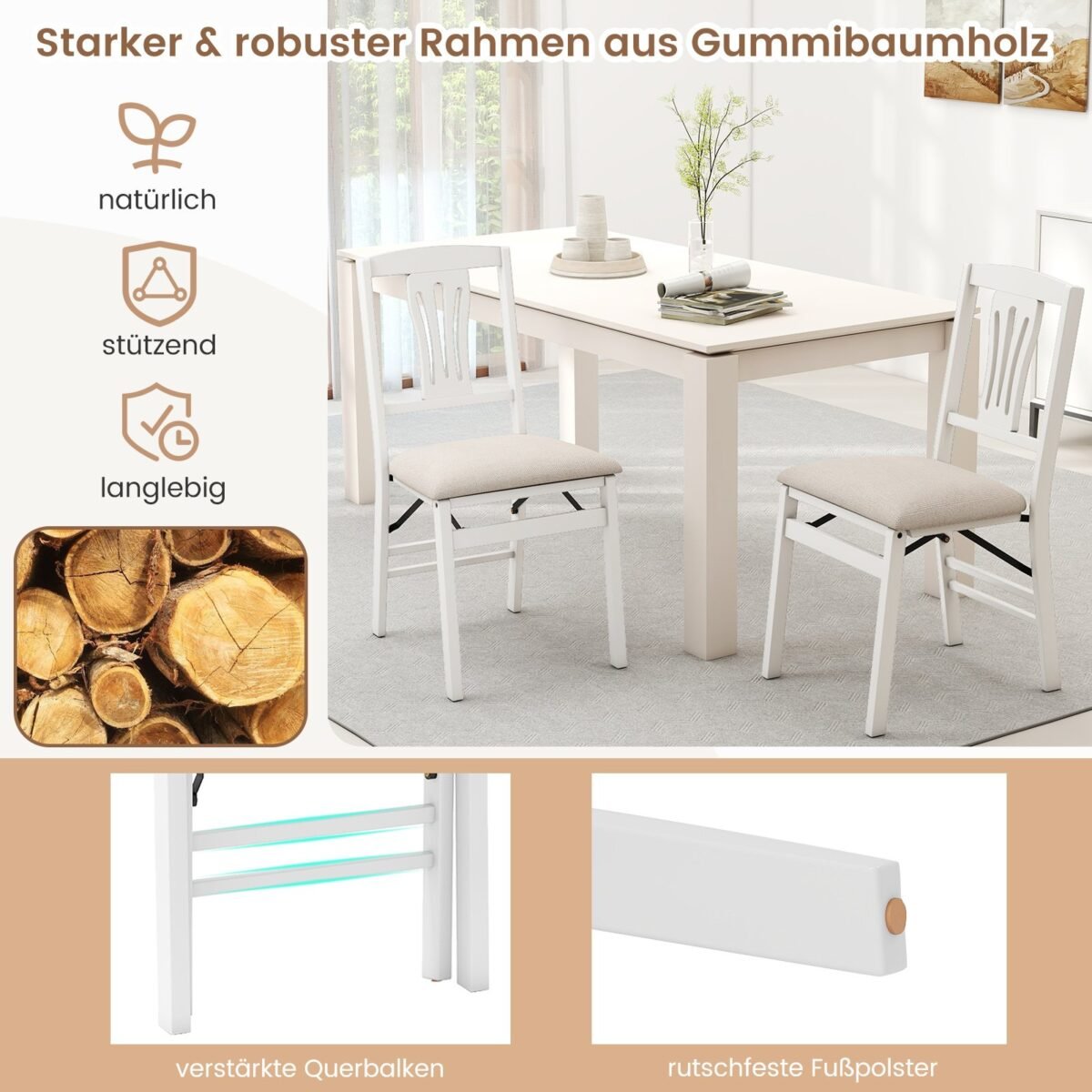 Sulankstomų valgomojo kėdžių komplektas su gumamedžio rėmu ir paminkštintomis sėdynėmis (Balta) – Paveikslėlis 3