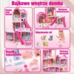 Trijų aukštų lėlių vila su apšvietimu, baldeliais ir lėle