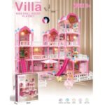 Trijų aukštų lėlių vila su apšvietimu, baldeliais ir lėle