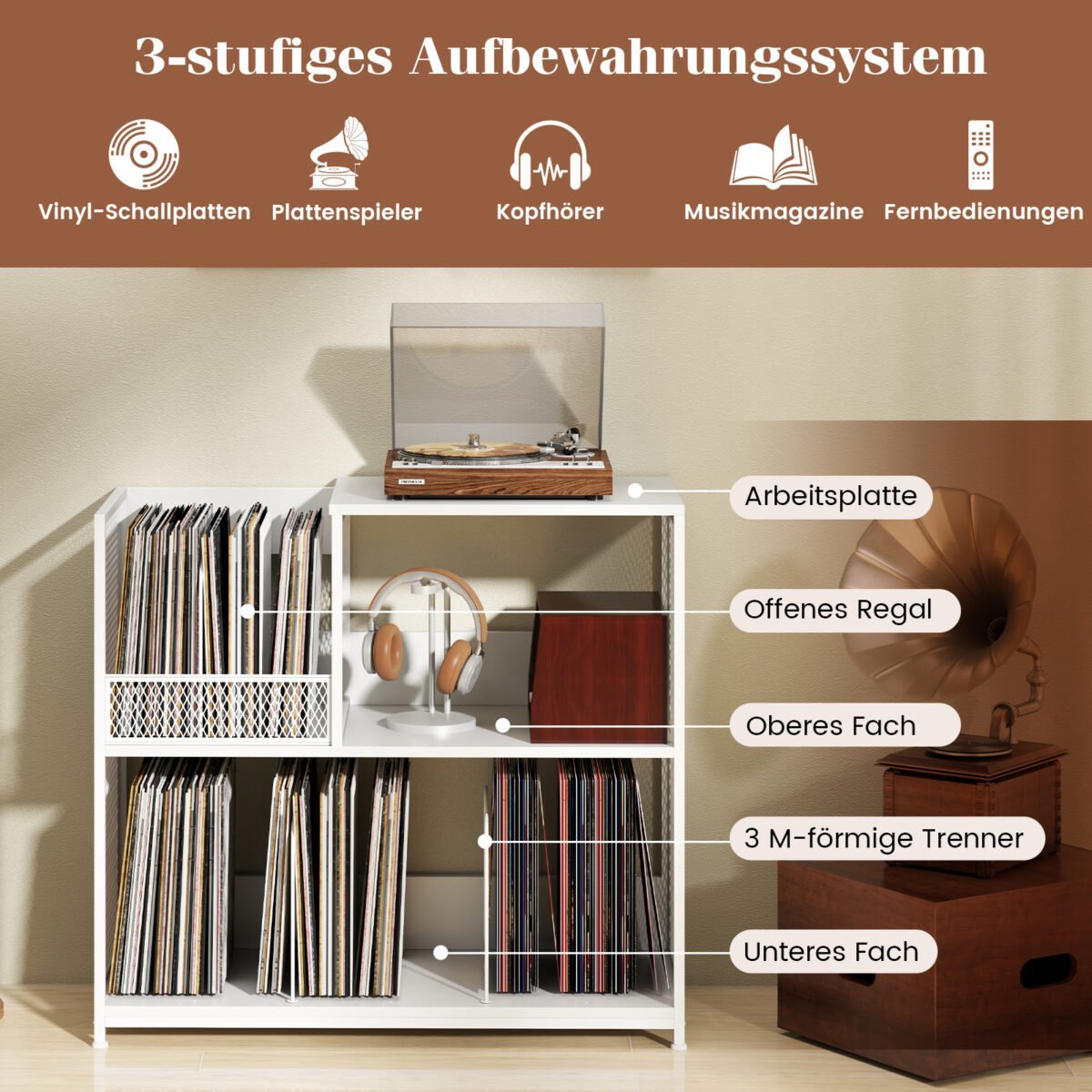 Patefono stovas su išimamomis pertvaromis talpinantis iki 300 albumų (Balta) – Paveikslėlis 4