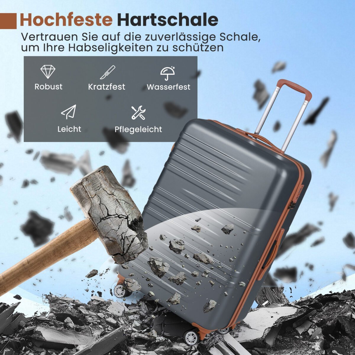 Trijų dalių kietų lagaminų komplektas su TSA spyna ir 360° ratukais (Pilka)