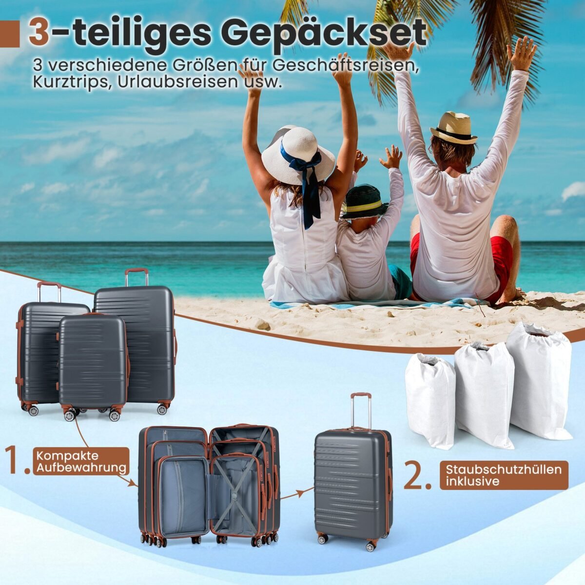 Trijų dalių kietų lagaminų komplektas su TSA spyna ir 360° ratukais (Pilka) – Paveikslėlis 4