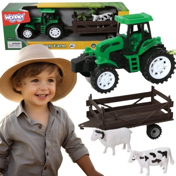 Ūkinis traktorius su priekaba ir gyvūnėliais