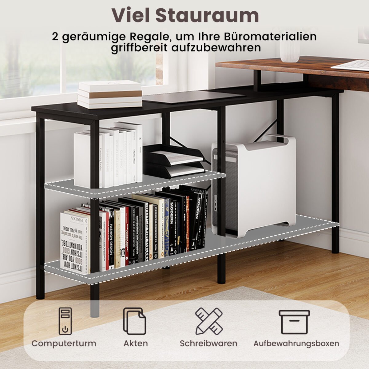 Universalus L formos kampinis stalas su dviem lentynomis (Rusvai ruda) – Paveikslėlis 3