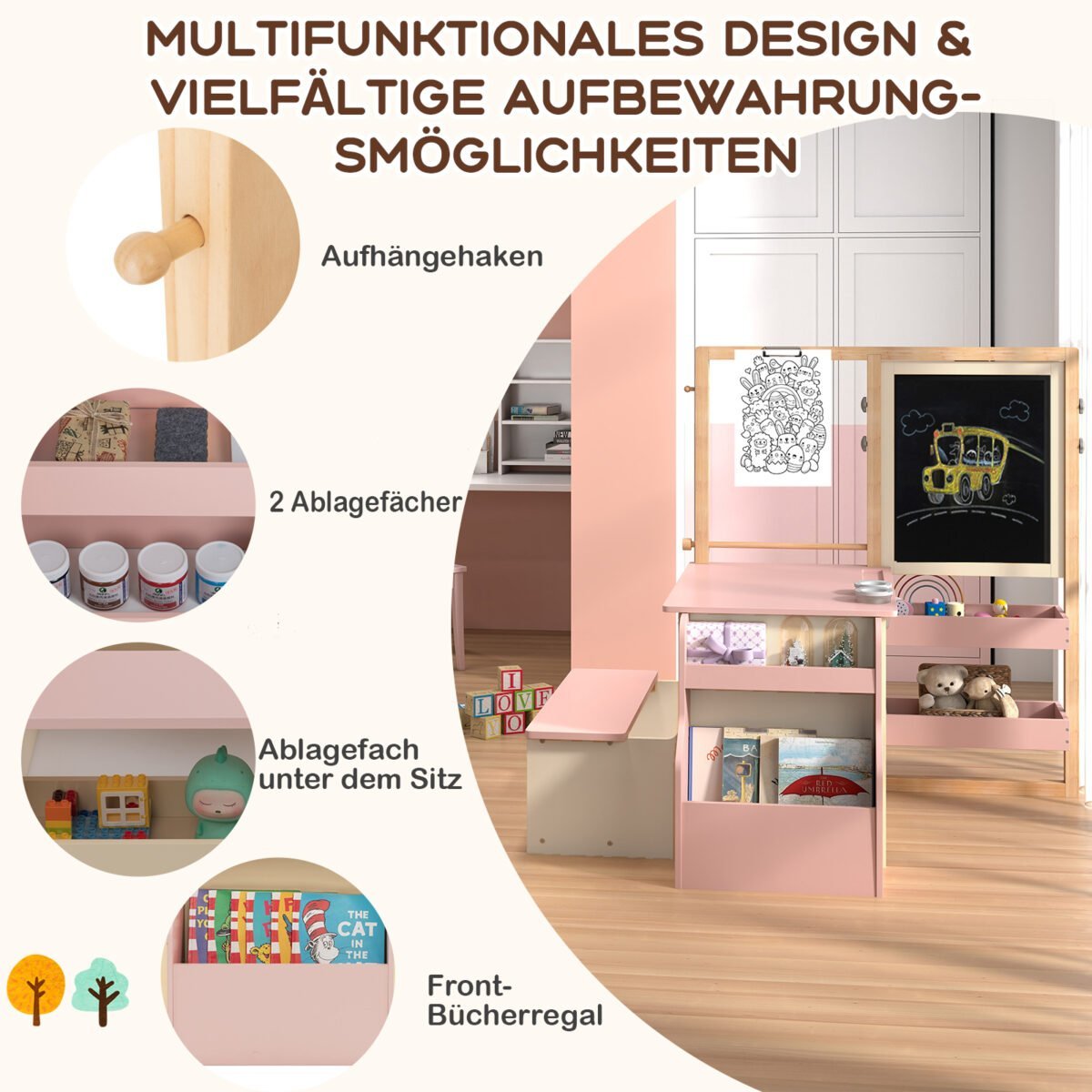 Vaikiškas daugiafunkcis dailės centras su dvipusiu molbertu (Rožinė)