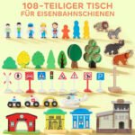 Vaikiškas žaidimų stalas su 108 dalių mediniu traukinio rinkiniu ir nuimamu stalviršiu