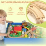 Vaikiškas žaidimų stalas su 108 dalių mediniu traukinio rinkiniu ir nuimamu stalviršiu