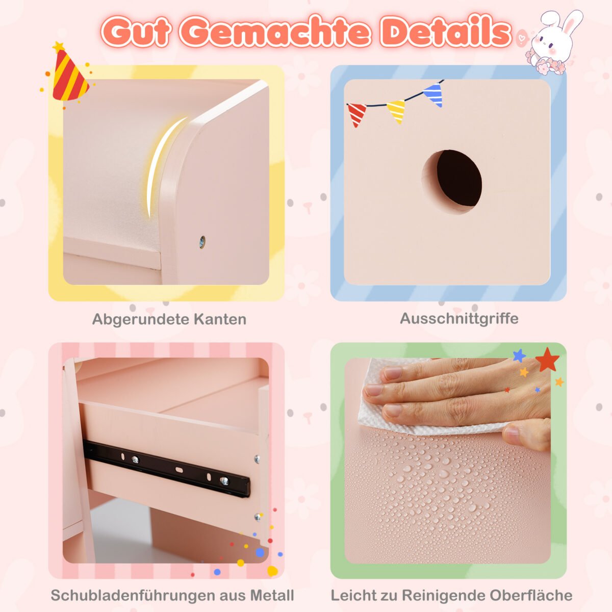 Vaikų kosmetinis staliukas su apšviestu veidrodžiu ir kėdute (Rožinė) – Paveikslėlis 3