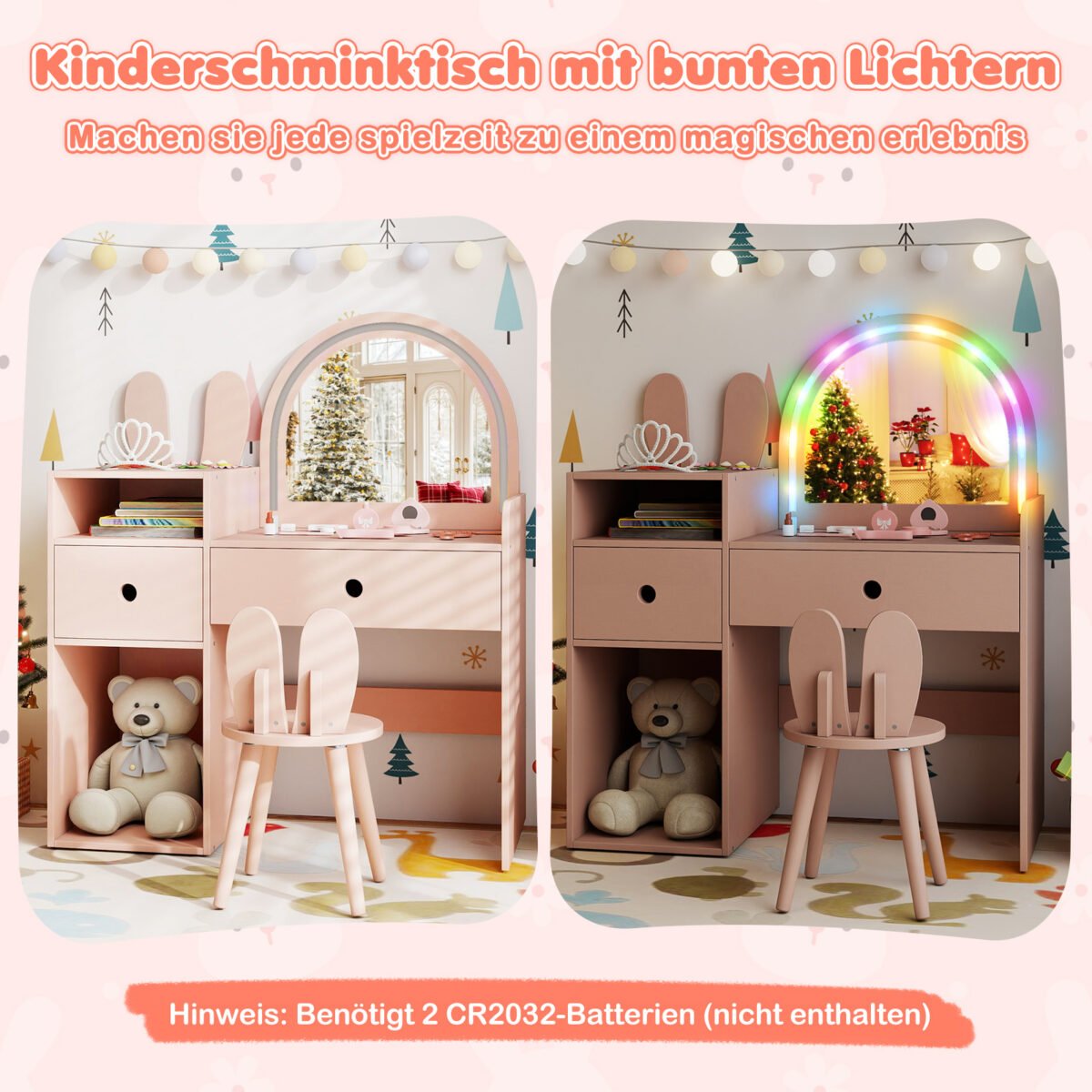 Vaikų kosmetinis staliukas su apšviestu veidrodžiu ir kėdute (Rožinė) – Paveikslėlis 4
