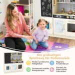 Vaikų medinė žaidimų virtuvėlė su kaitlentėmis ir rašymo lenta (Kreminė balta)