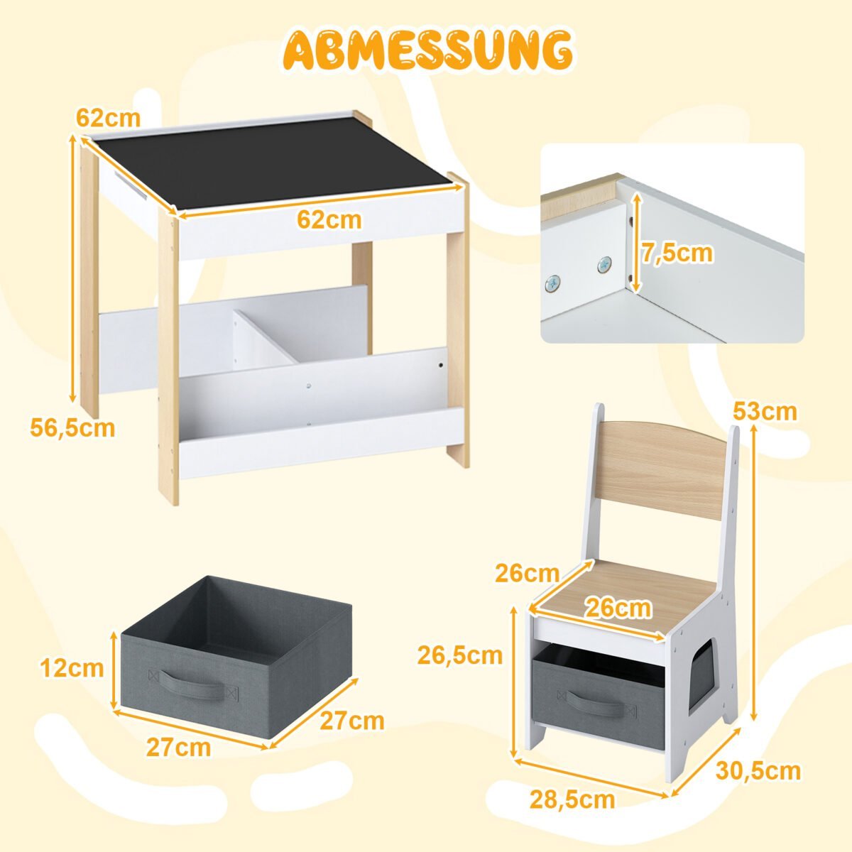 Vaikų stalo ir kėdžių rinkinys su dvipusiu stalviršiu ir lentynomis (Natūrali) – Paveikslėlis 2