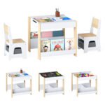Vaikų stalo ir kėdžių rinkinys 4 viename su dvipusiu stalviršiu ir lentynomis (Natūrali)