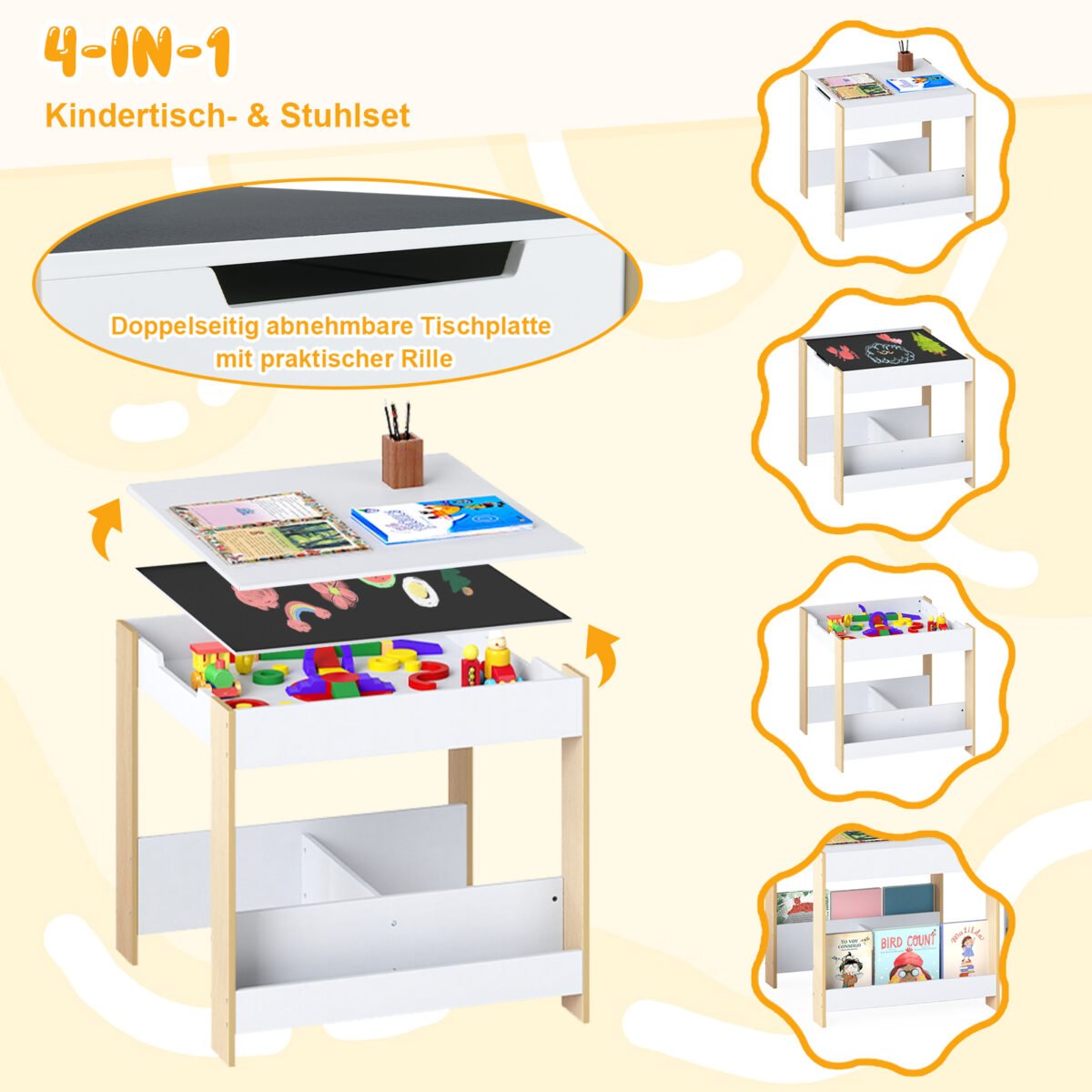 Vaikų stalo ir kėdžių rinkinys su dvipusiu stalviršiu ir lentynomis (Natūrali) – Paveikslėlis 3