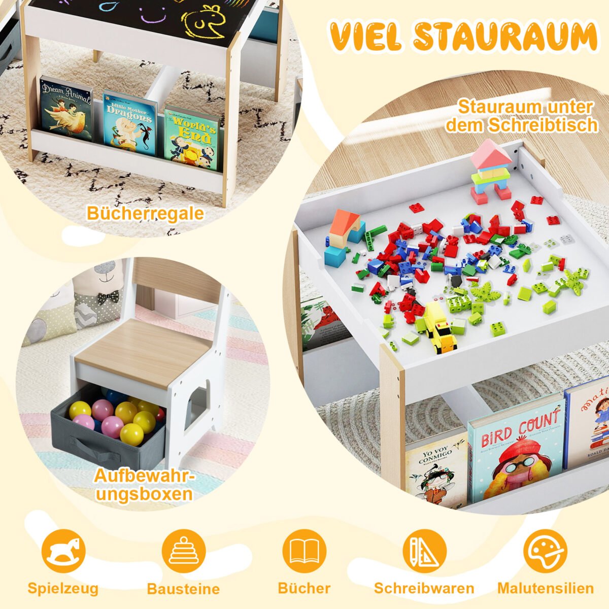 Vaikų stalo ir kėdžių rinkinys su dvipusiu stalviršiu ir lentynomis (Natūrali) – Paveikslėlis 4