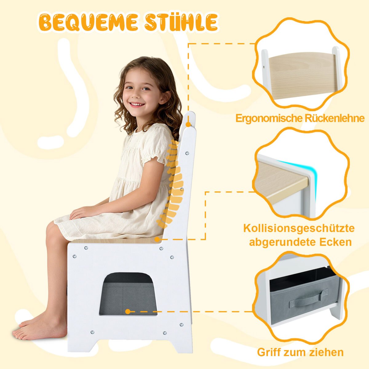 Vaikų stalo ir kėdžių rinkinys su dvipusiu stalviršiu ir lentynomis (Natūrali) – Paveikslėlis 5